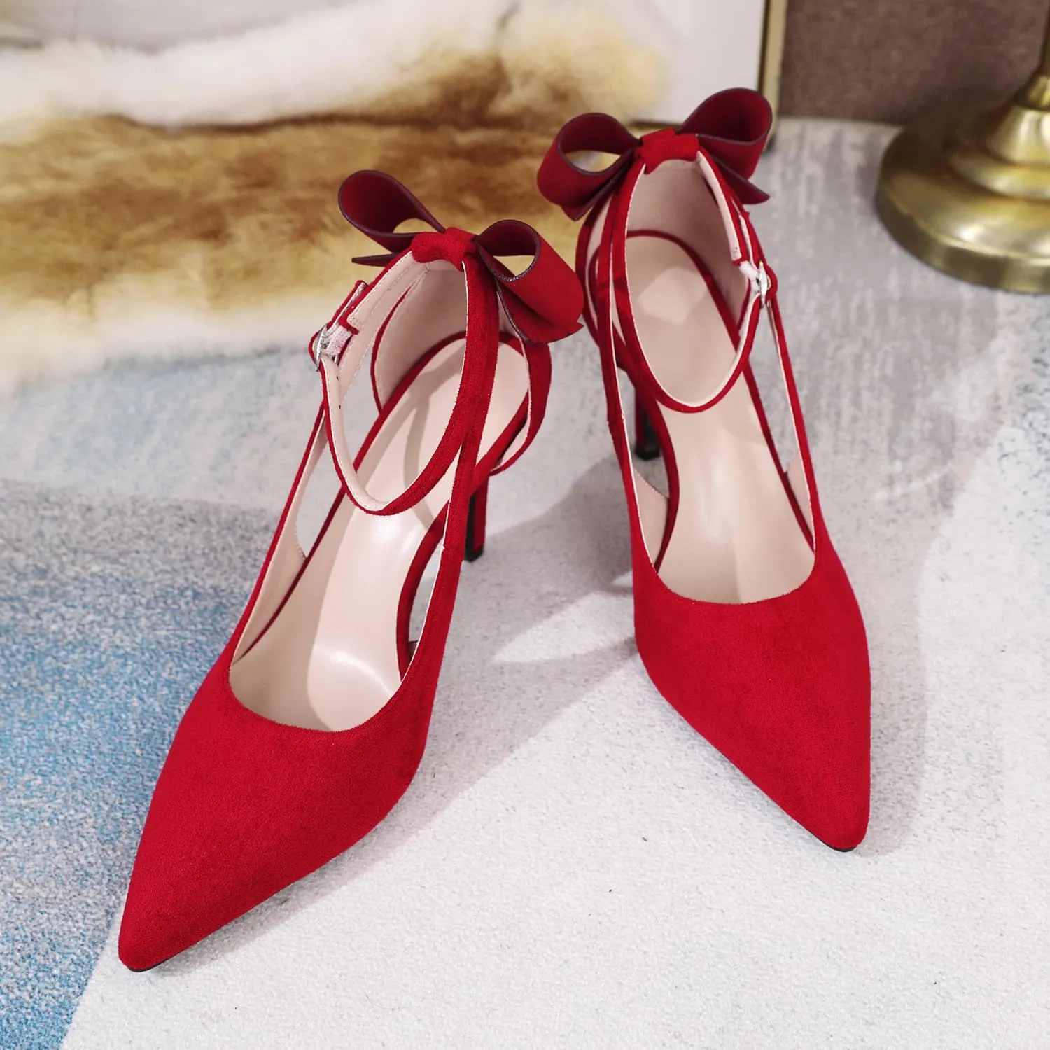 Joseywade Bow Heels Stiletto High Heels Bowtie Bowknot Heels D'Orsay Cutout Pumps Pointed Toe Women Ankle Strap Dress Shoes 3.5 Inch
