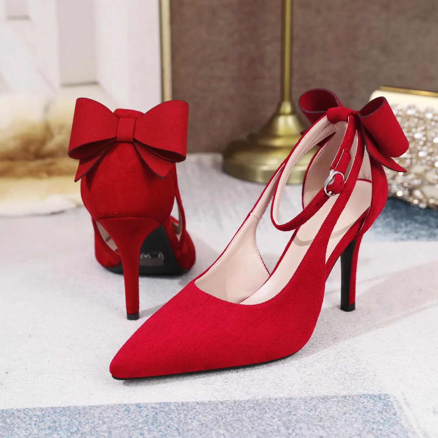 Joseywade Bow Heels Stiletto High Heels Bowtie Bowknot Heels D'Orsay Cutout Pumps Pointed Toe Women Ankle Strap Dress Shoes 3.5 Inch