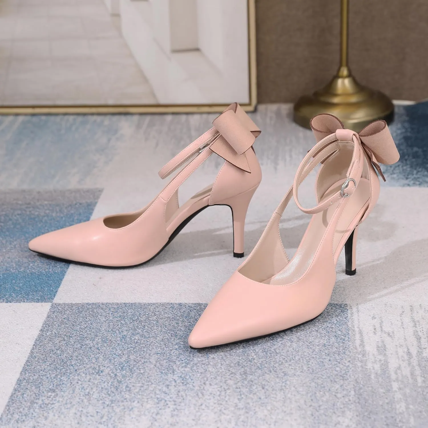 Joseywade Bow Heels Stiletto High Heels Bowtie Bowknot Heels D'Orsay Cutout Pumps Pointed Toe Women Ankle Strap Dress Shoes 3.5 Inch