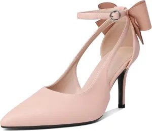 Joseywade Bow Heels Stiletto High Heels Bowtie Bowknot Heels D'Orsay Cutout Pumps Pointed Toe Women Ankle Strap Dress Shoes 3.5 Inch