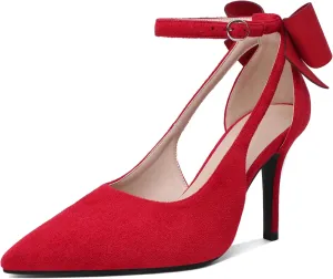 Joseywade Bow Heels Stiletto High Heels Bowtie Bowknot Heels D'Orsay Cutout Pumps Pointed Toe Women Ankle Strap Dress Shoes 3.5 Inch