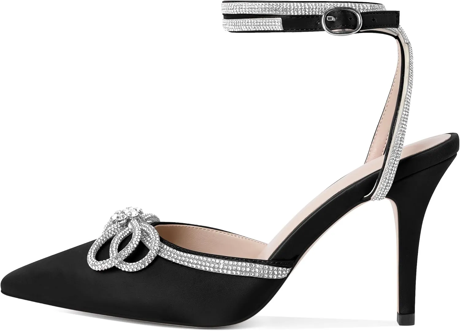 Joseywade Rhinestone Bow Heels High Stiletto Heels Pumps Closed Pointed Toe Women Lace-up Strappy Ankle Strap Shoes for Bridal Brides