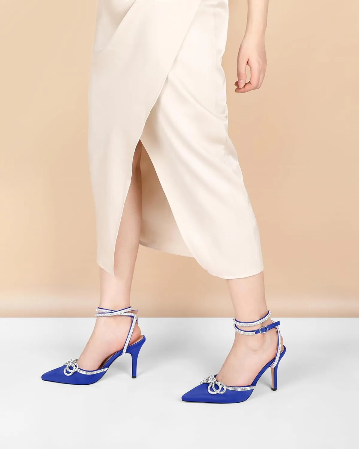 Joseywade Rhinestone Bow Heels High Stiletto Heels Pumps Closed Pointed Toe Women Lace-up Strappy Ankle Strap Shoes for Bridal Brides
