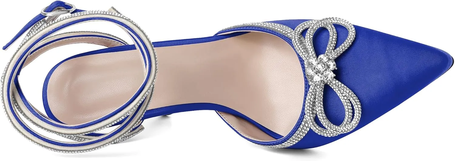 Joseywade Rhinestone Bow Heels High Stiletto Heels Pumps Closed Pointed Toe Women Lace-up Strappy Ankle Strap Shoes for Bridal Brides