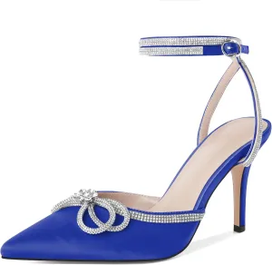 Joseywade Rhinestone Bow Heels High Stiletto Heels Pumps Closed Pointed Toe Women Lace-up Strappy Ankle Strap Shoes for Bridal Brides