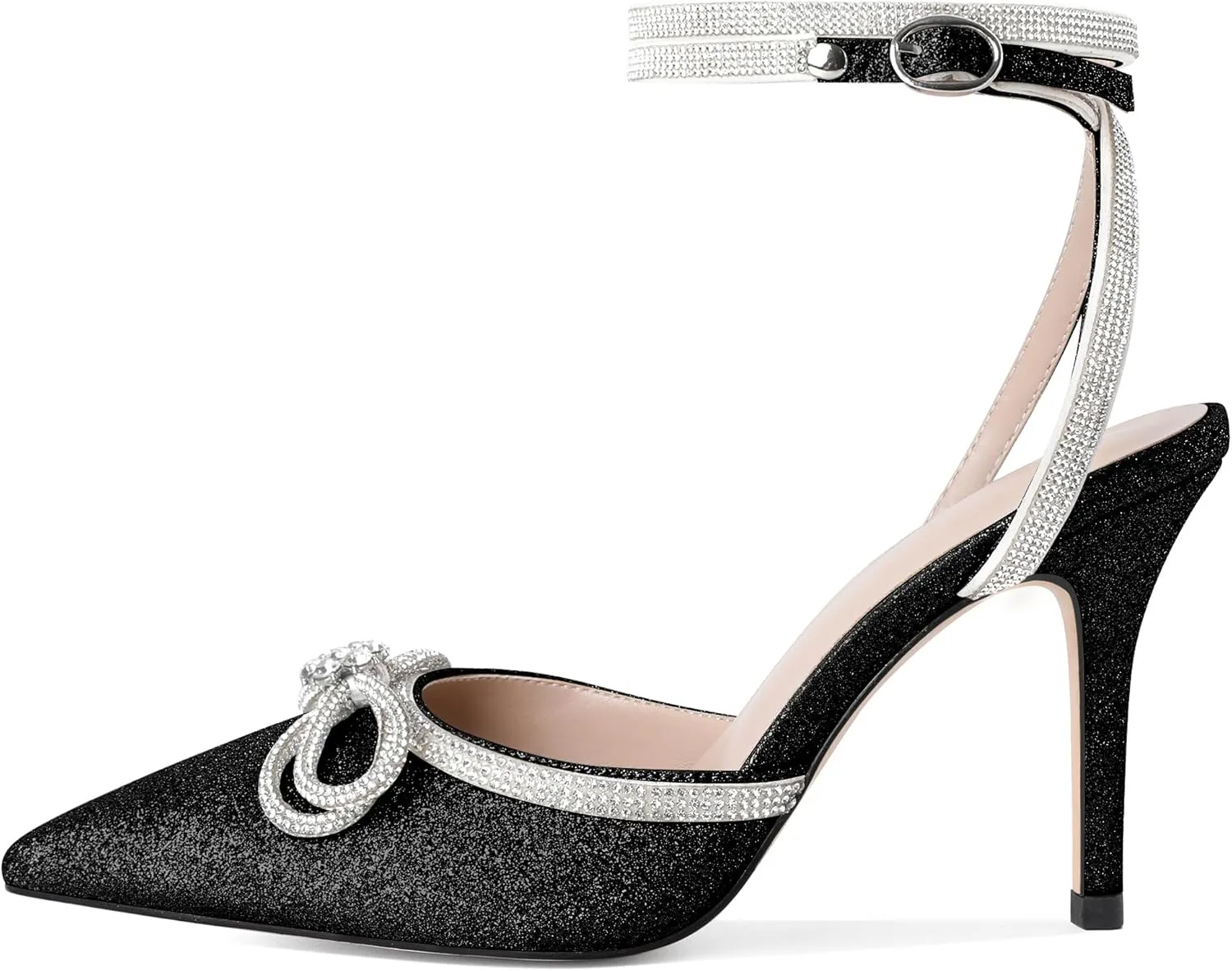 Joseywade Rhinestone Bow Heels High Stiletto Heels Pumps Closed Pointed Toe Women Lace-up Strappy Ankle Strap Shoes for Bridal Brides