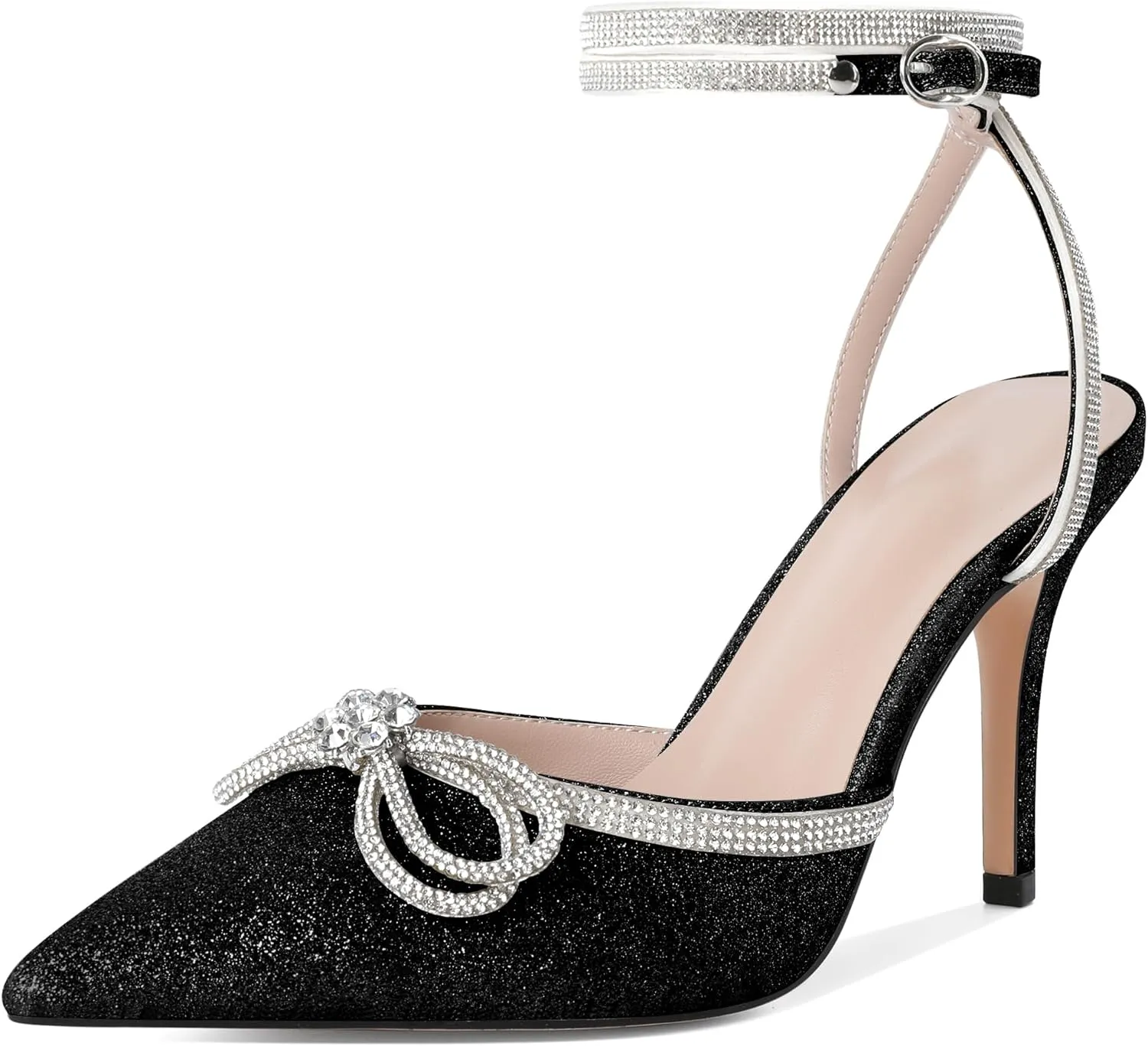 Joseywade Rhinestone Bow Heels High Stiletto Heels Pumps Closed Pointed Toe Women Lace-up Strappy Ankle Strap Shoes for Bridal Brides