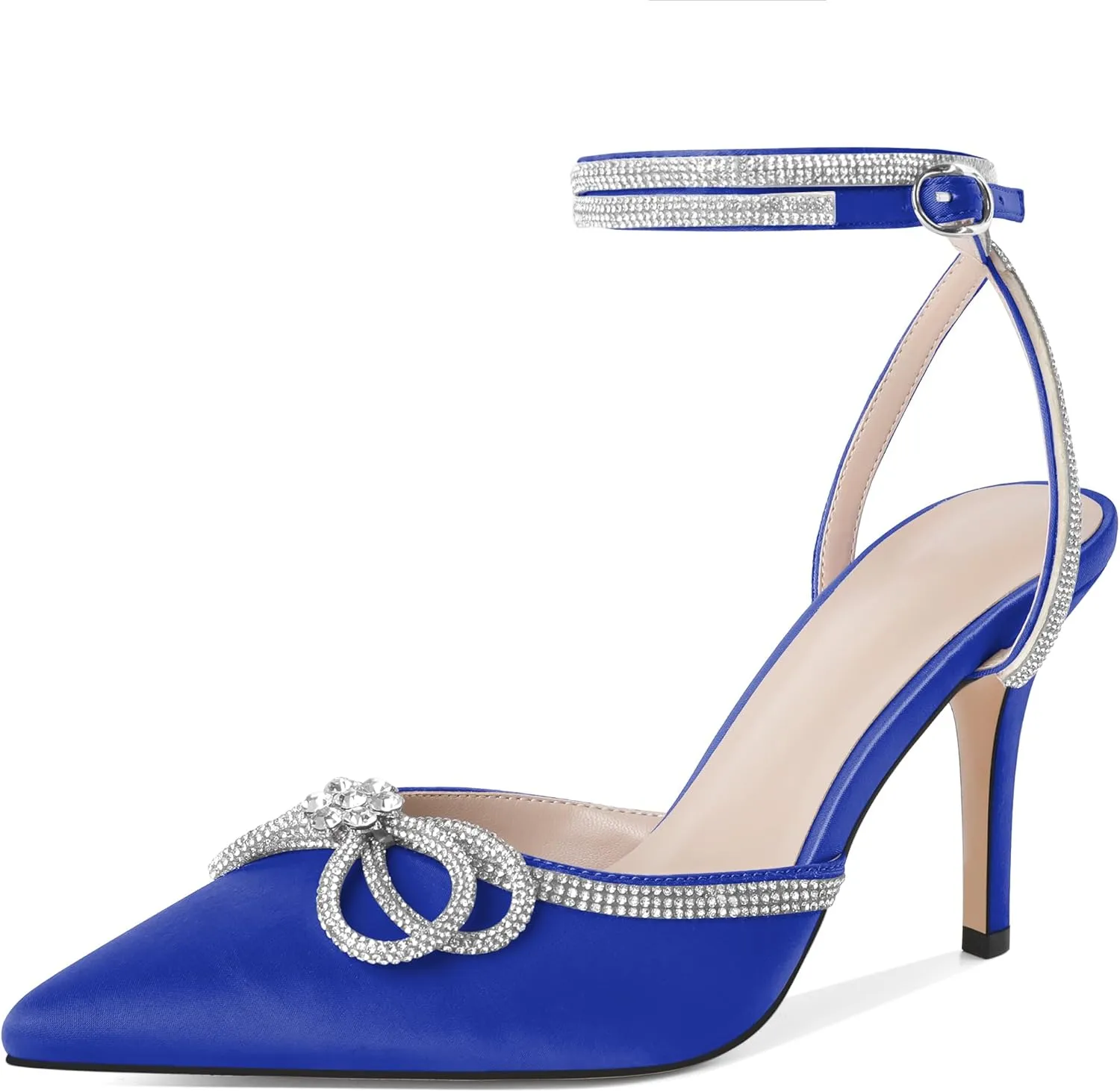 Joseywade Rhinestone Bow Heels High Stiletto Heels Pumps Closed Pointed Toe Women Lace-up Strappy Ankle Strap Shoes for Bridal Brides