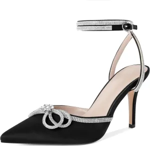 Joseywade Rhinestone Bow Heels High Stiletto Heels Pumps Closed Pointed Toe Women Lace-up Strappy Ankle Strap Shoes for Bridal Brides
