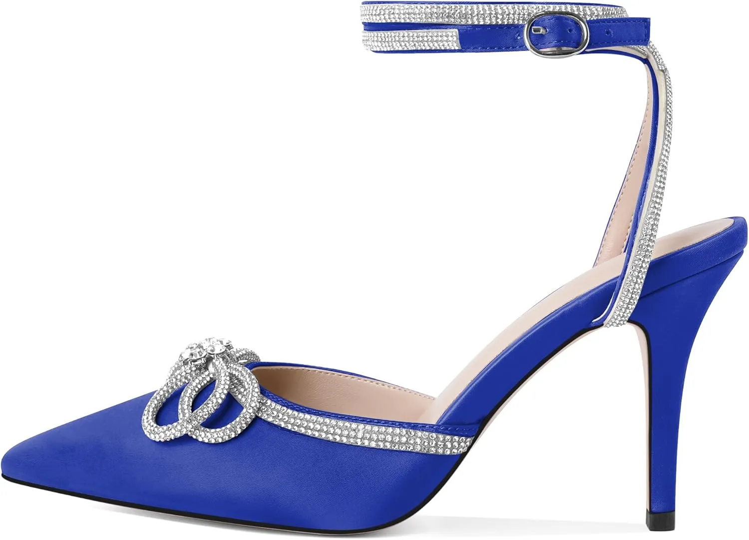 Joseywade Rhinestone Bow Heels High Stiletto Heels Pumps Closed Pointed Toe Women Lace-up Strappy Ankle Strap Shoes for Bridal Brides