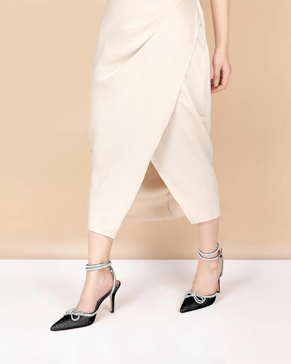 Joseywade Rhinestone Bow Heels High Stiletto Heels Pumps Closed Pointed Toe Women Lace-up Strappy Ankle Strap Shoes for Bridal Brides