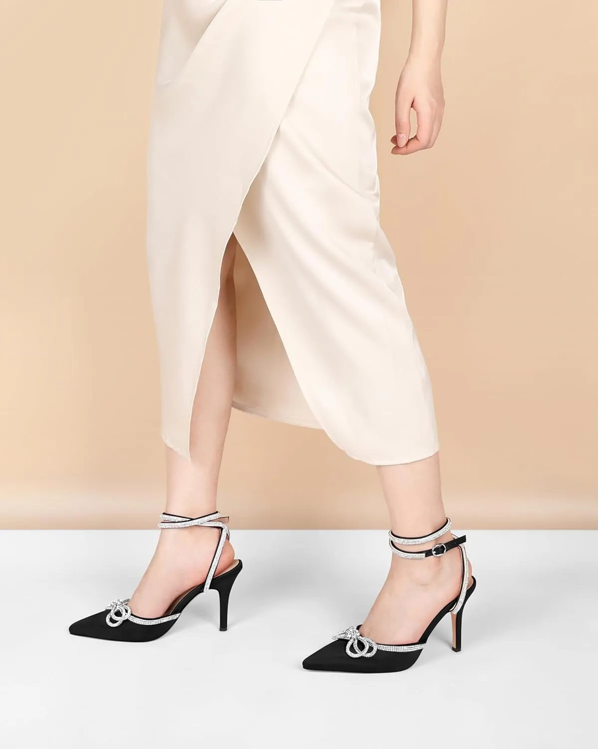 Joseywade Rhinestone Bow Heels High Stiletto Heels Pumps Closed Pointed Toe Women Lace-up Strappy Ankle Strap Shoes for Bridal Brides
