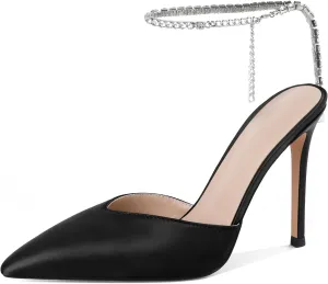 Joseywade Women's High Heels Pointed Toe Stiletto Heel Pumps Rhinestone Ankle Strap 4 Inch Slim Thin Heel Dress Shoes