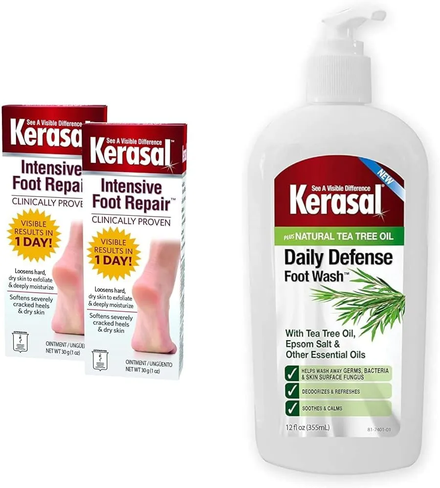 Kerasal Intensive Foot Repair Skin Healing Ointment for Cracked Heels and Dry Feet 1 oz, 2 Count & Daily Defense Foot Wash Daily Cleanser for Feet, 12 Ounce