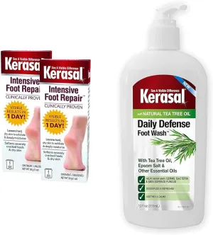Kerasal Intensive Foot Repair Skin Healing Ointment for Cracked Heels and Dry Feet 1 oz, 2 Count & Daily Defense Foot Wash Daily Cleanser for Feet, 12 Ounce