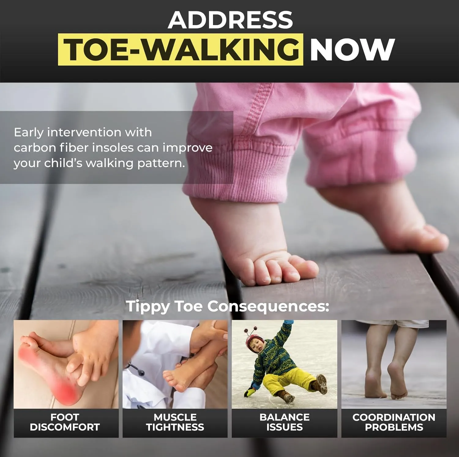 Kids Carbon Fiber Insoles for Children's Idiopathic Toe Walking 2 Pieces - FSA HSA Eligible Orthotics for Tip Toe Walking Correction for Kids - Children's Idiopathic Toe Walking Insoles