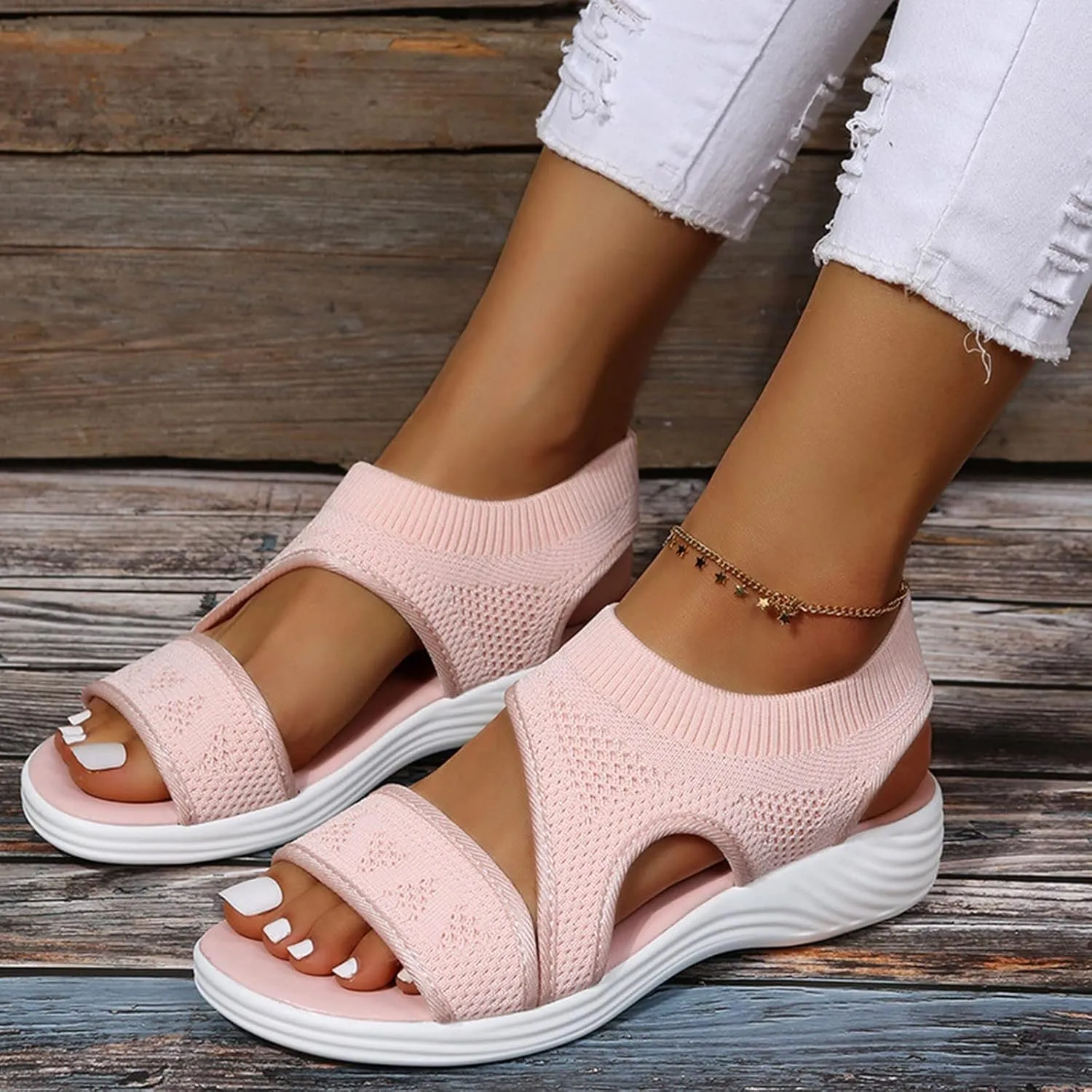 Ladies Fashion Solid Color Breathable Mesh Fish Mouth Casual Flat Flat Sandals for Women Ladies Summer with Beads