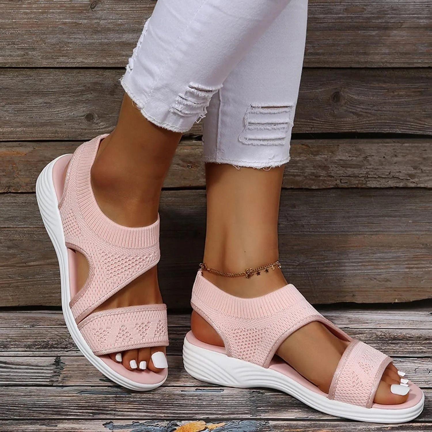 Ladies Fashion Solid Color Breathable Mesh Fish Mouth Casual Flat Flat Sandals for Women Ladies Summer with Beads