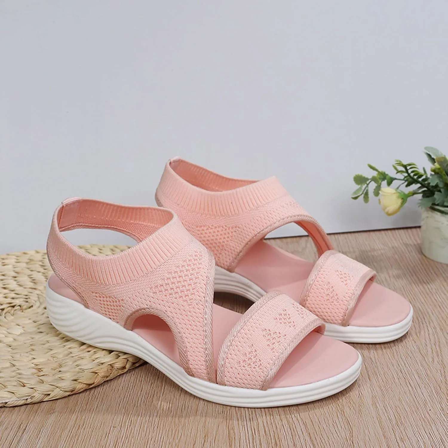 Ladies Fashion Solid Color Breathable Mesh Fish Mouth Casual Flat Flat Sandals for Women Ladies Summer with Beads