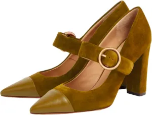 LEHOOR Women Chunky High Heel Mary Jane Pumps Pointed Toe Ankle Strap Dress Pumps Cap Toe Mary Jane Block Heels 3 inch Suede Brown Yellow 4 M US
