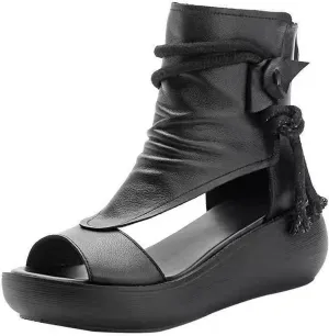 LIZAL Women's High Top Leather Sandals Fashion Open Toe Hollow Out Fish Mouth Roman Summer Casual Orthotic Zipper Sandals Wedge Platform Anti Slip Shoes (Color : Black, Size : 7.5 US)