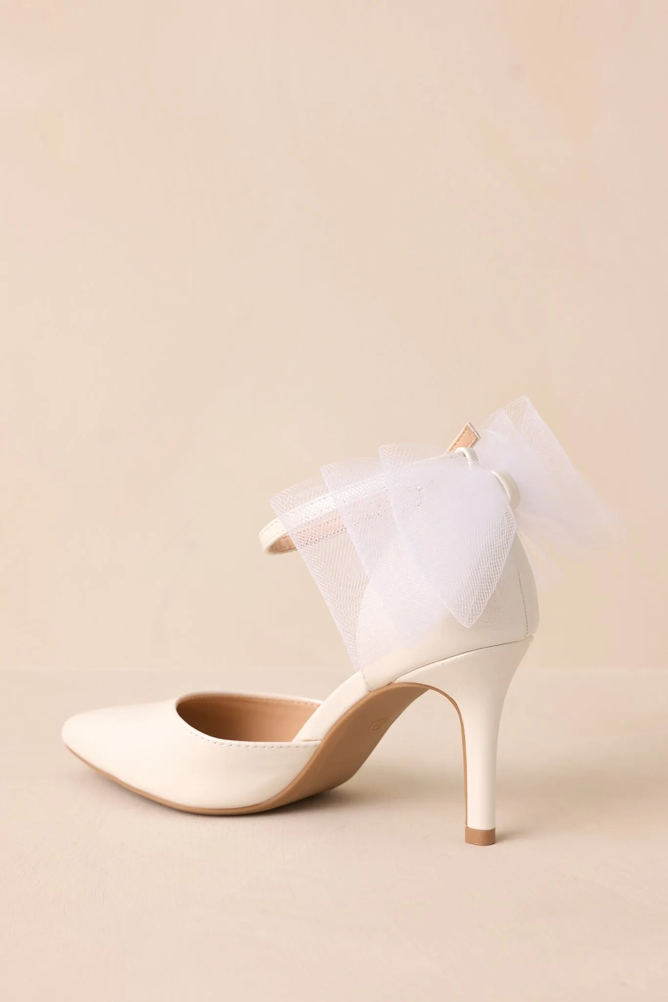 Love At First Sight Ivory Pointed-Toe Bow Ankle Strap Heels