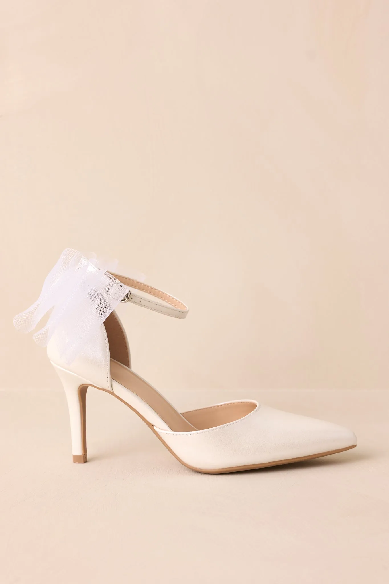Love At First Sight Ivory Pointed-Toe Bow Ankle Strap Heels