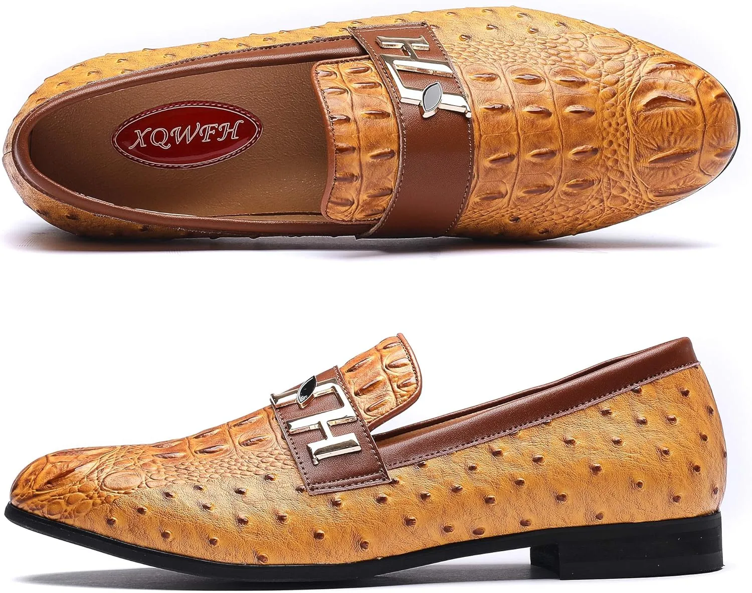 Mens Casual Classic Crocodile Texture Loafer with Gold Buckle Penny Slip-On Wedding Party Prom Shoes