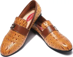Mens Casual Classic Crocodile Texture Loafer with Gold Buckle Penny Slip-On Wedding Party Prom Shoes