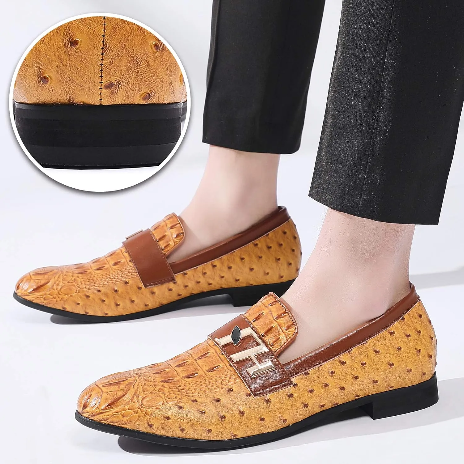 Mens Casual Classic Crocodile Texture Loafer with Gold Buckle Penny Slip-On Wedding Party Prom Shoes