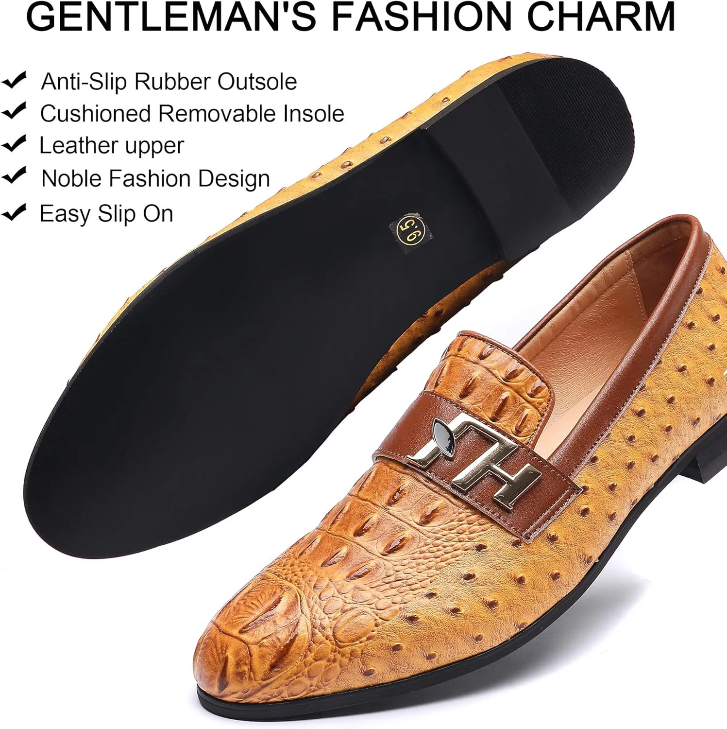 Mens Casual Classic Crocodile Texture Loafer with Gold Buckle Penny Slip-On Wedding Party Prom Shoes