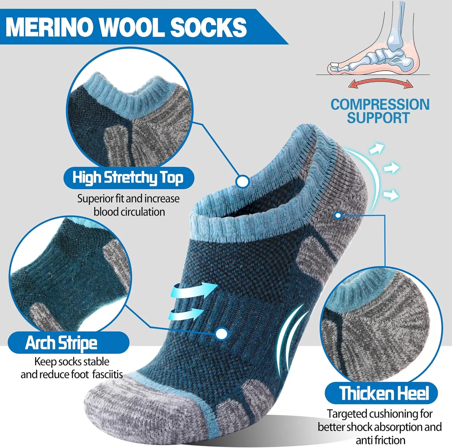 Merino Wool Hiking Running No Show Socks for Women Men Thick Warm Athletic Low Cut Thermal Ankle Socks 6 Pairs