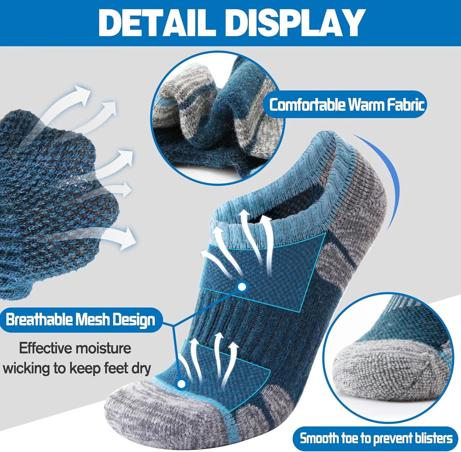 Merino Wool Hiking Running No Show Socks for Women Men Thick Warm Athletic Low Cut Thermal Ankle Socks 6 Pairs