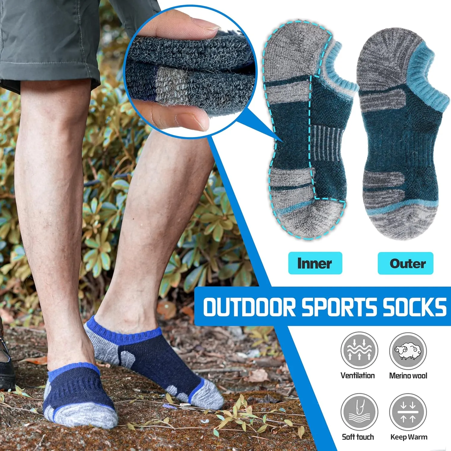 Merino Wool Hiking Running No Show Socks for Women Men Thick Warm Athletic Low Cut Thermal Ankle Socks 6 Pairs