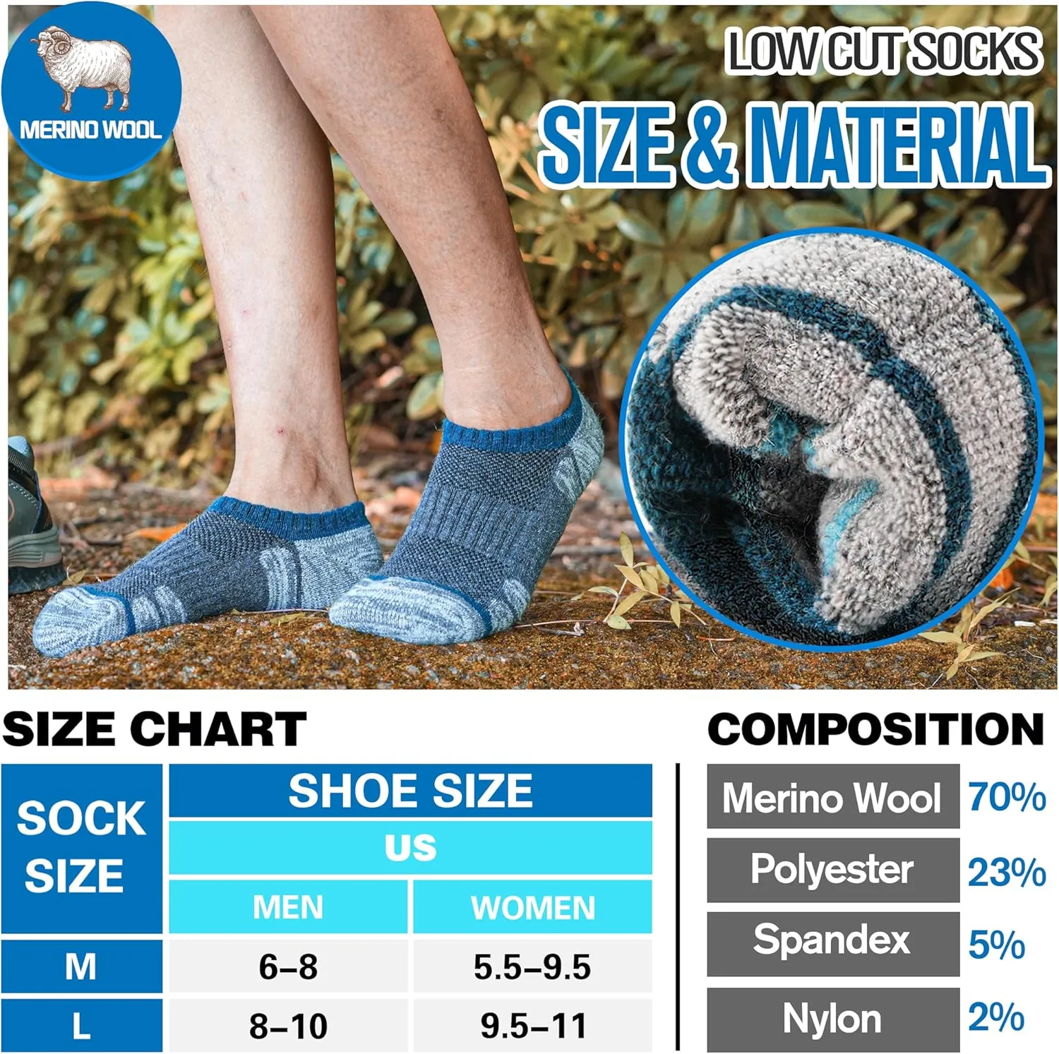 Merino Wool Hiking Running No Show Socks for Women Men Thick Warm Athletic Low Cut Thermal Ankle Socks 6 Pairs