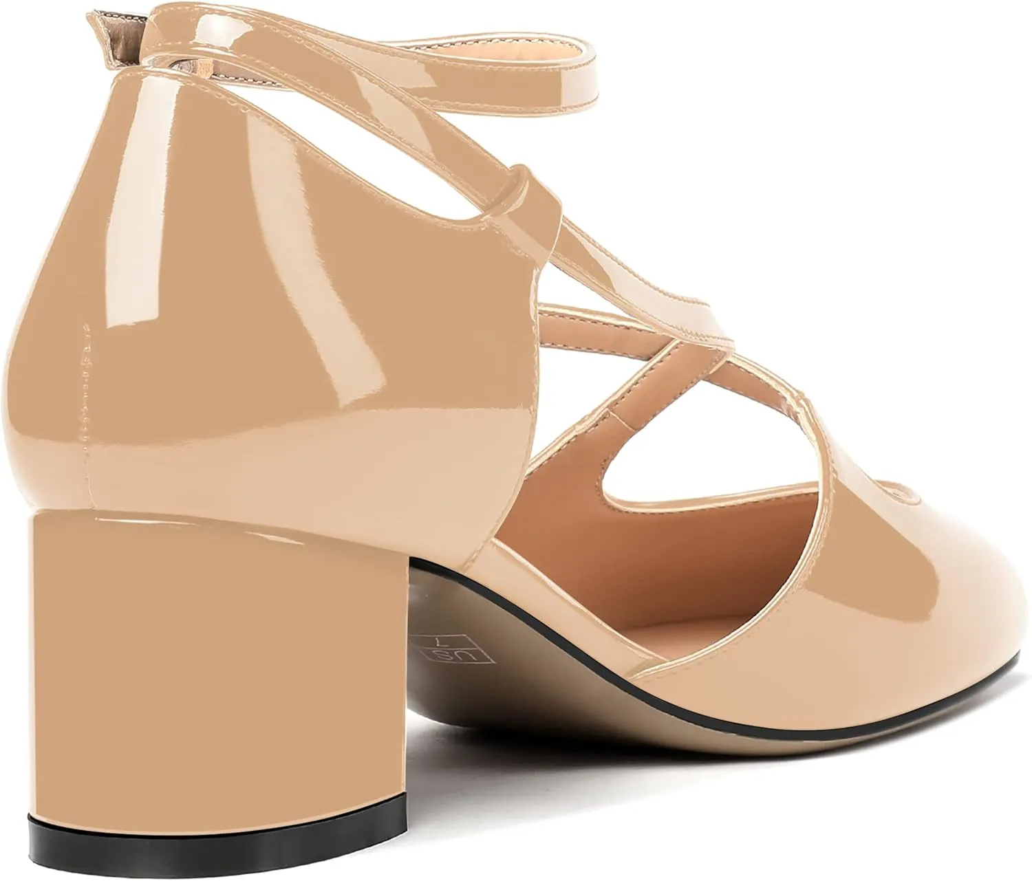 MERRORI Women's Block Buckle Ankle Strap Low Heel Pumps Patent Round Toe Solid Block Shoes 2 Inch