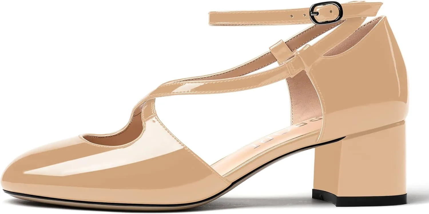 MERRORI Women's Block Buckle Ankle Strap Low Heel Pumps Patent Round Toe Solid Block Shoes 2 Inch