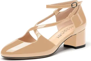 MERRORI Women's Block Buckle Ankle Strap Low Heel Pumps Patent Round Toe Solid Block Shoes 2 Inch