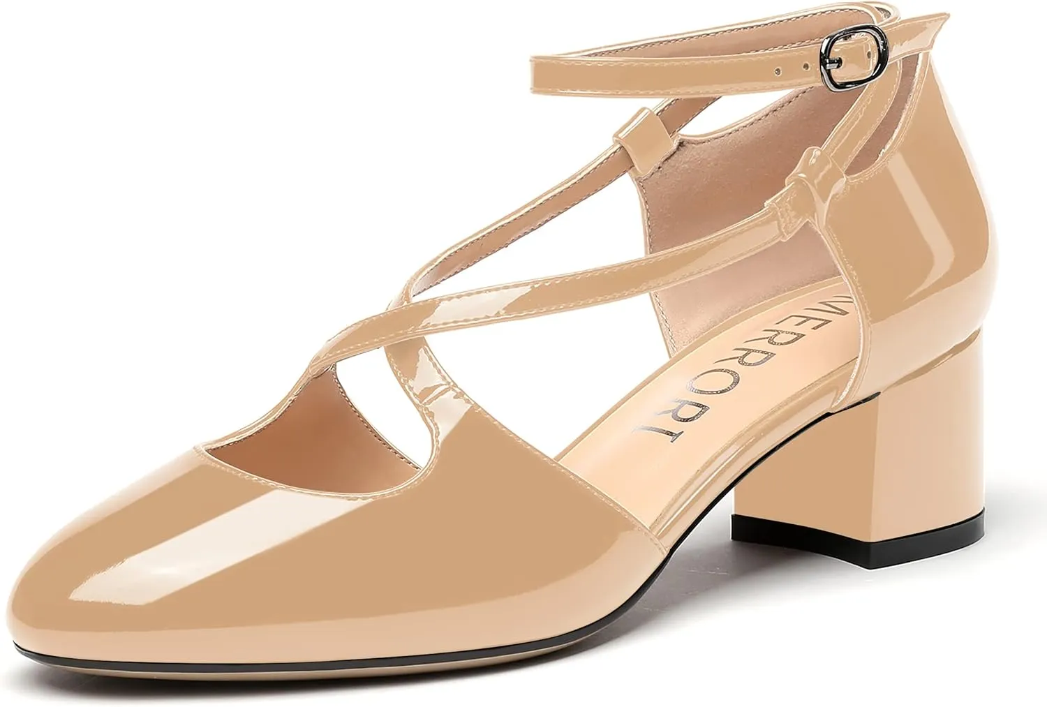 MERRORI Women's Block Buckle Ankle Strap Low Heel Pumps Patent Round Toe Solid Block Shoes 2 Inch