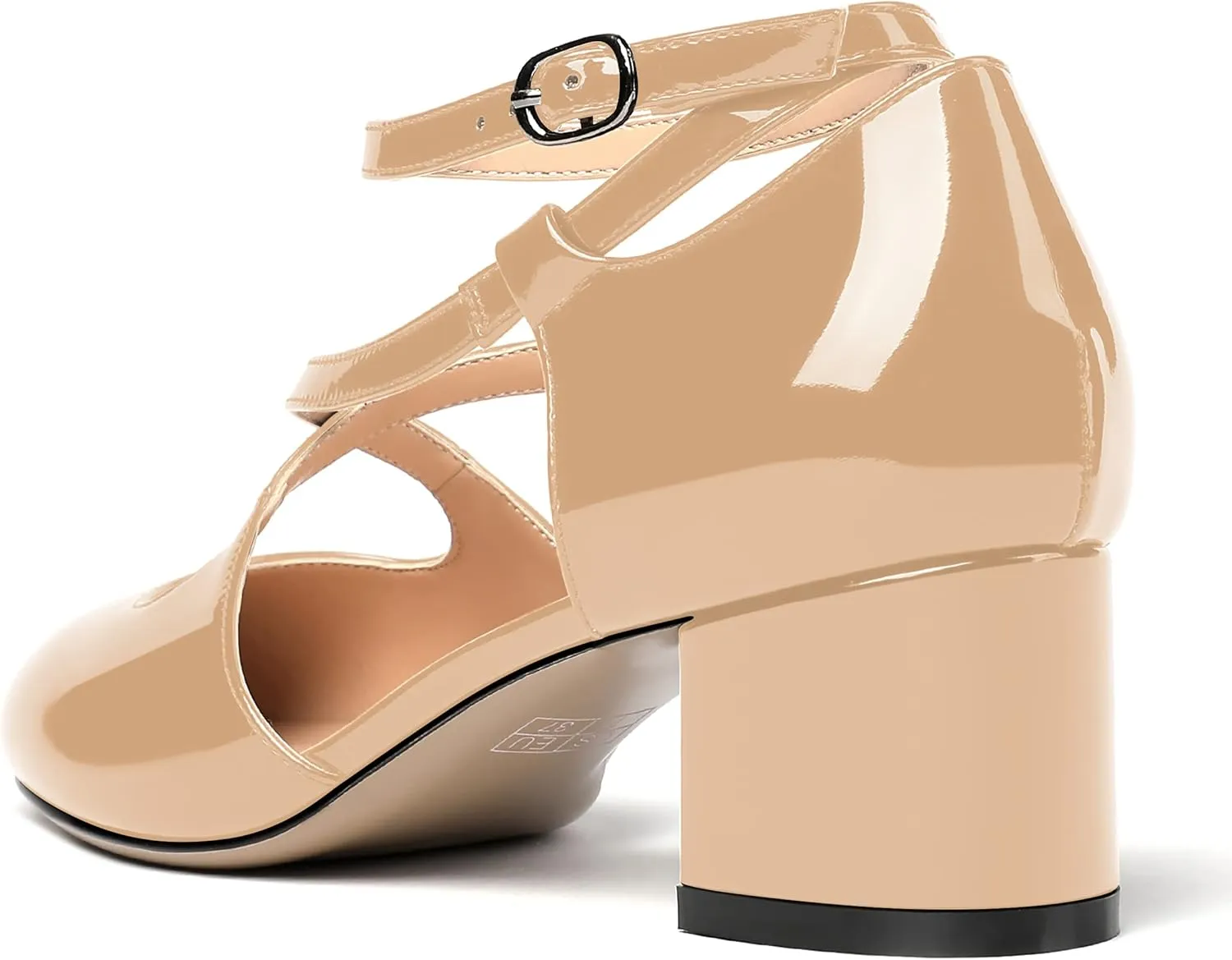 MERRORI Women's Block Buckle Ankle Strap Low Heel Pumps Patent Round Toe Solid Block Shoes 2 Inch