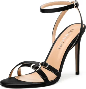 MERRORI Women's High Stiletto Slingback Buckle Heels Open Round Toe Ankle Strap Sexy Comfortable Satin Sandals Wedding Bridal Evening Prom Party Dress Shoes