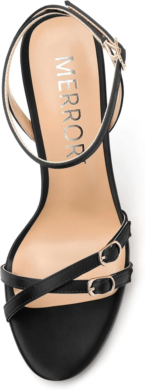 MERRORI Women's High Stiletto Slingback Buckle Heels Open Round Toe Ankle Strap Sexy Comfortable Satin Sandals Wedding Bridal Evening Prom Party Dress Shoes