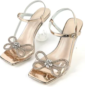 MissHeel Clear Chunky Heel with Rhinestone Bows