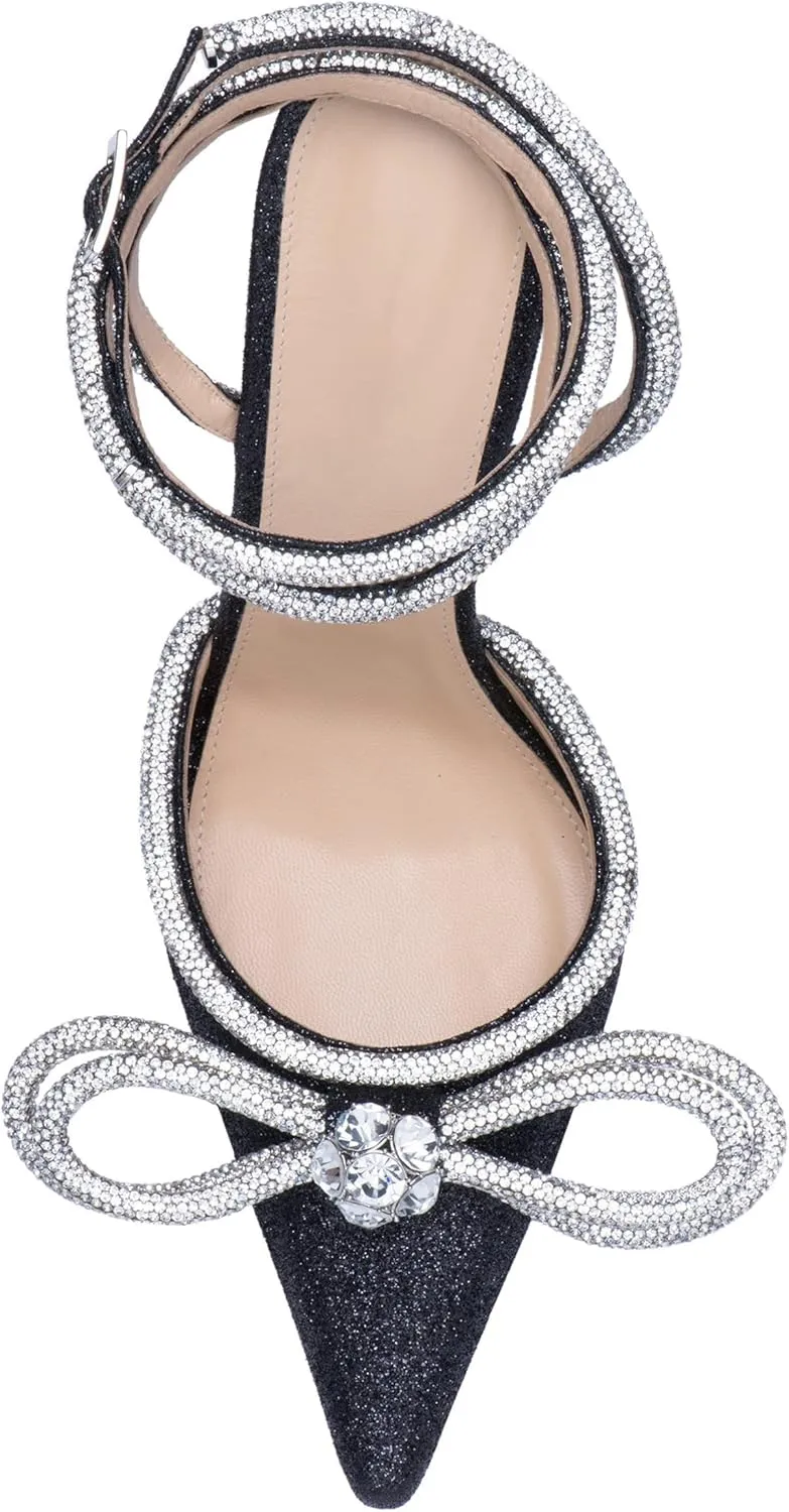 MissHeel Clear Rhinestone Ankle Strap Pumps Heels with Crystal Double Bows 3 inch