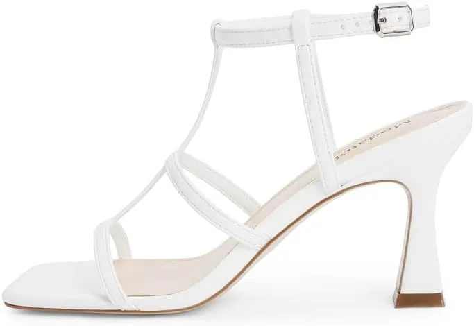 Modatope Strappy Sandals Women Square Toe Ankle Strap Kitten Stiletto Heeled Sandals Open Toe T-Strap Gladiator Sandals