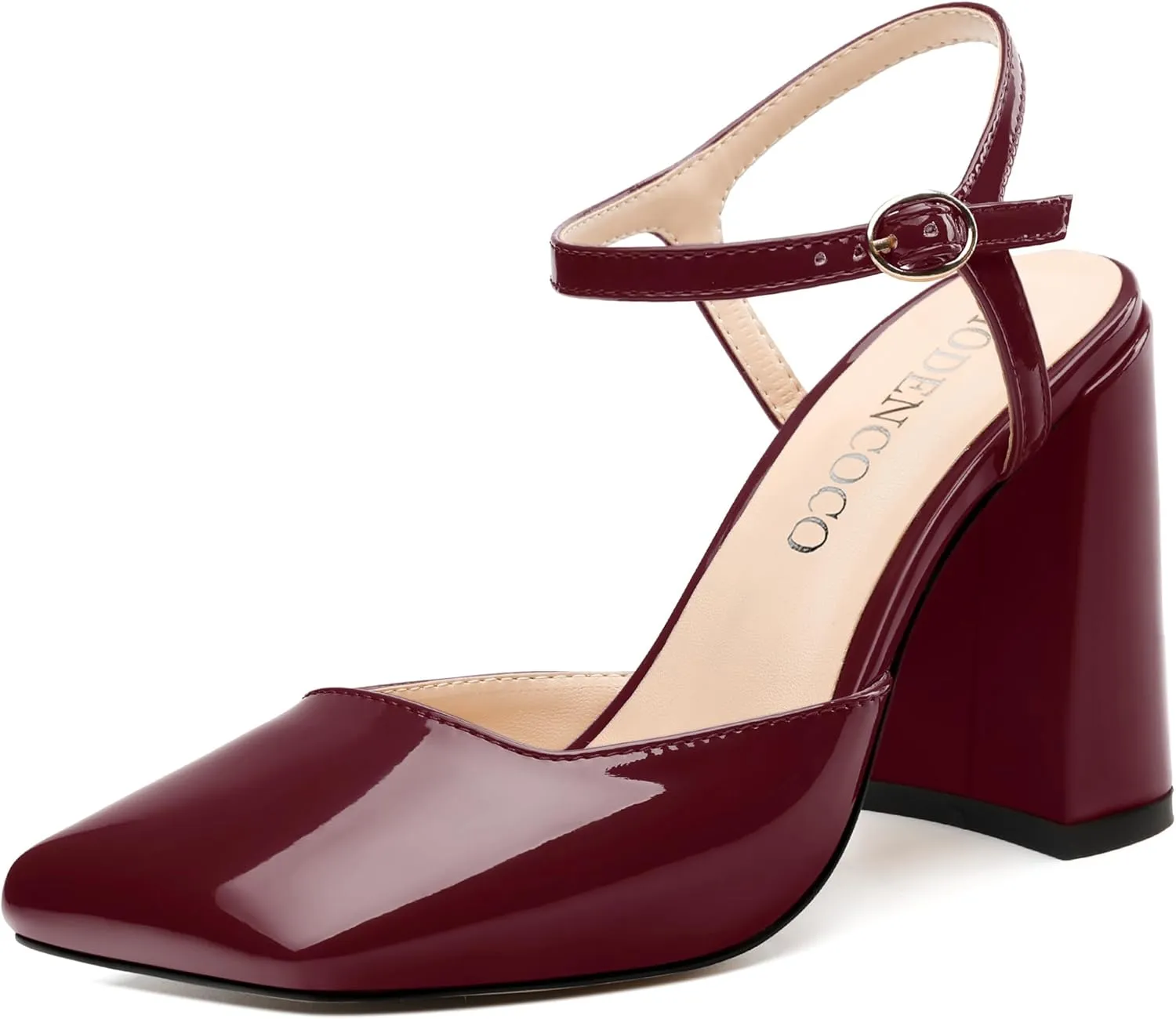 MODENCOCO Womens Closed Toe Ankle Strap Heels Square Toe Block Heeled Sandals Patent High Heel Pumps Sexy Party Wedding Dress Shoes
