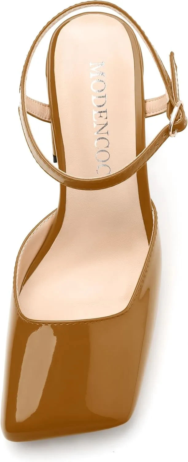 MODENCOCO Womens Closed Toe Ankle Strap Heels Square Toe Block Heeled Sandals Patent High Heel Pumps Sexy Party Wedding Dress Shoes
