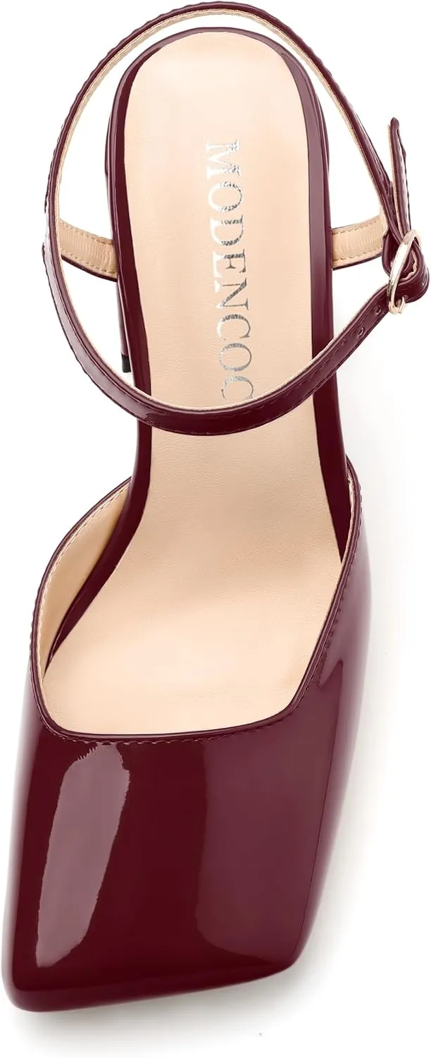 MODENCOCO Womens Closed Toe Ankle Strap Heels Square Toe Block Heeled Sandals Patent High Heel Pumps Sexy Party Wedding Dress Shoes