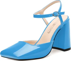 MODENCOCO Womens Closed Toe Ankle Strap Heels Square Toe Block Heeled Sandals Patent High Heel Pumps Sexy Party Wedding Dress Shoes