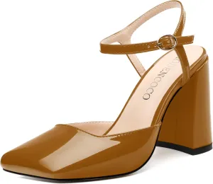 MODENCOCO Womens Closed Toe Ankle Strap Heels Square Toe Block Heeled Sandals Patent High Heel Pumps Sexy Party Wedding Dress Shoes